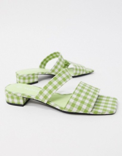 Monki Julie ginham double strap low heel in green check - flipped