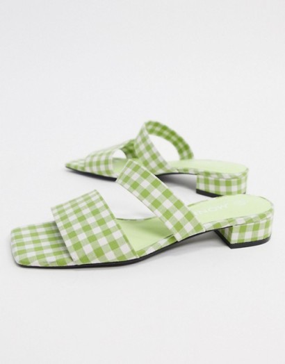 Monki Julie ginham double strap low heel in green check