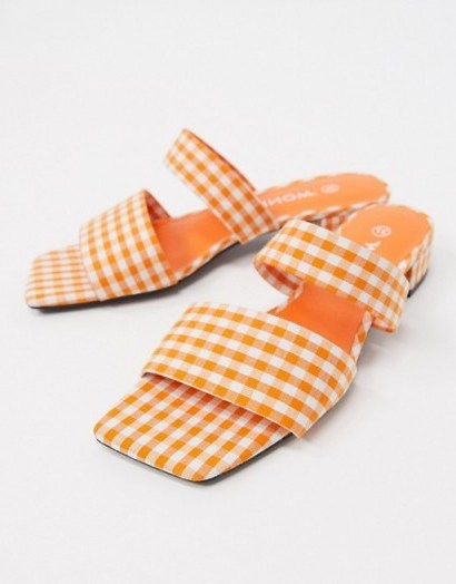 Monki Julie ginham double strap low heel in orange check / gingham mules - flipped