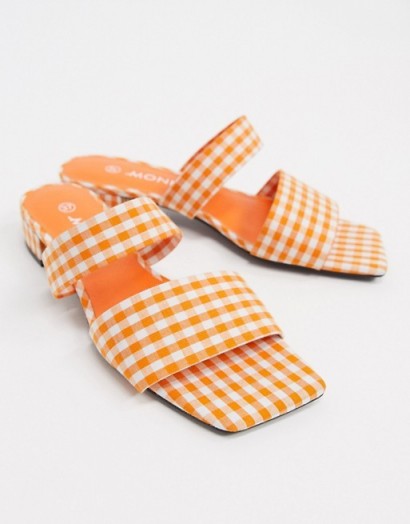 Monki Julie ginham double strap low heel in orange check / gingham mules