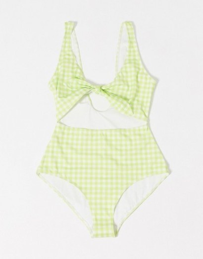 Monki Kikki recycled polyester retro gingham print cut out swimsuit in green - flipped