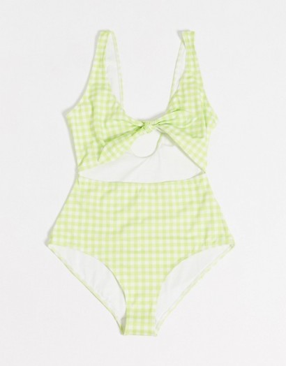 Monki Kikki recycled polyester retro gingham print cut out swimsuit in green