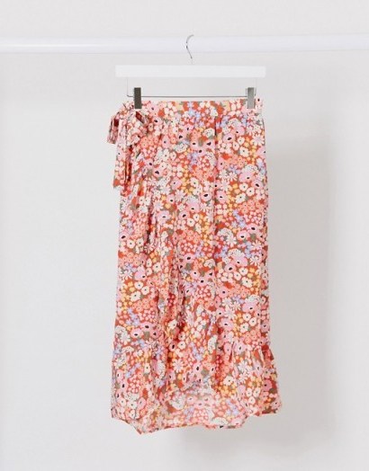 Monki Mary-lou floral print frill wrap midi skirt in red | summer skirts - flipped