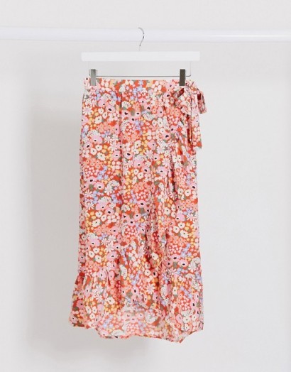 Monki Mary-lou floral print frill wrap midi skirt in red | summer skirts
