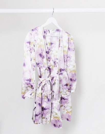 Monki Molly long sleeve floral print wrap dress in purple - flipped