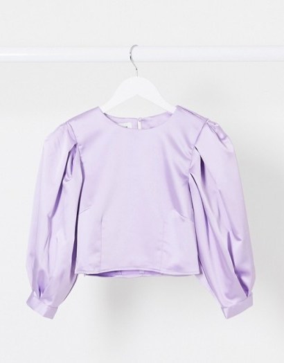 Monki Olly puff sleeve satin blouse in lilac - flipped