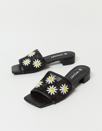 Monki Riya embroidered daisy print sandals in black / daisy mules - flipped