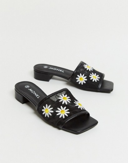 Monki Riya embroidered daisy print sandals in black / daisy mules