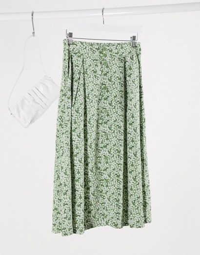 Monki Sigrid floral print midi skirt in green – summer skirts - flipped