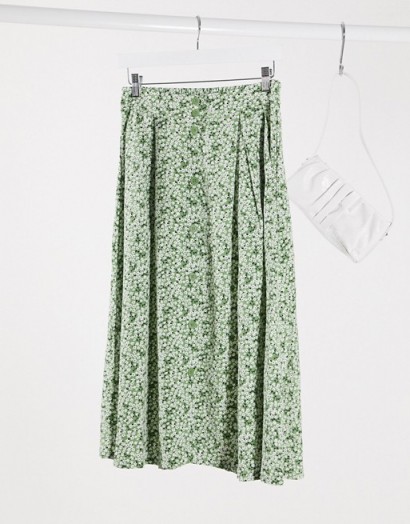 Monki Sigrid floral print midi skirt in green – summer skirts