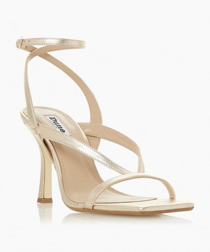 Dune London Monterey Gold Square Toe High Heel Sandal | strappy metallic summer sandals