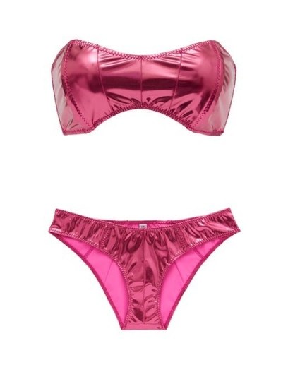 LISA MARIE FERNANDEZ Natalie bandeau metallic-jersey bikini in pink ~ high shine bikinis ~ poolside glamour - flipped