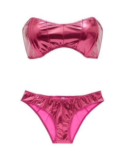 LISA MARIE FERNANDEZ Natalie bandeau metallic-jersey bikini in pink ~ high shine bikinis ~ poolside glamour