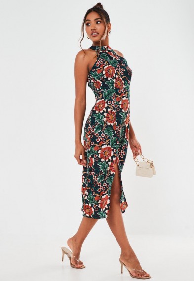 MISSGUIDED navy tropical print high neck sleeveless midi dress / front slit summer frock