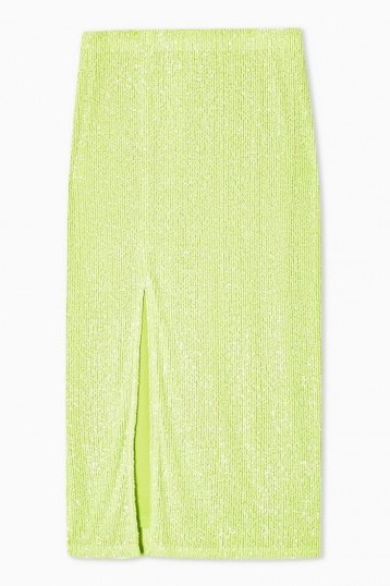 TOPSHOP Neon Green Sequin Pencil Skirt – front slit sequinned skirts - flipped