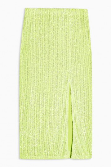 TOPSHOP Neon Green Sequin Pencil Skirt – front slit sequinned skirts