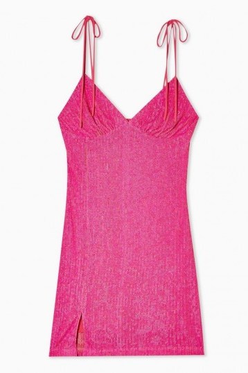 TOPSHOP Neon Pink Sequin Slip Dress / bright pink spaghetti strap mini - flipped