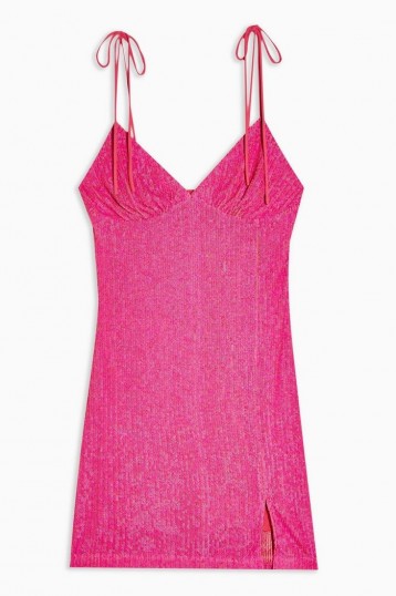 TOPSHOP Neon Pink Sequin Slip Dress / bright pink spaghetti strap mini