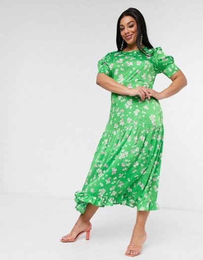 Never Fully Dressed Plus short sleeve tiered ruffle hem maxi dress in green floral - flipped
