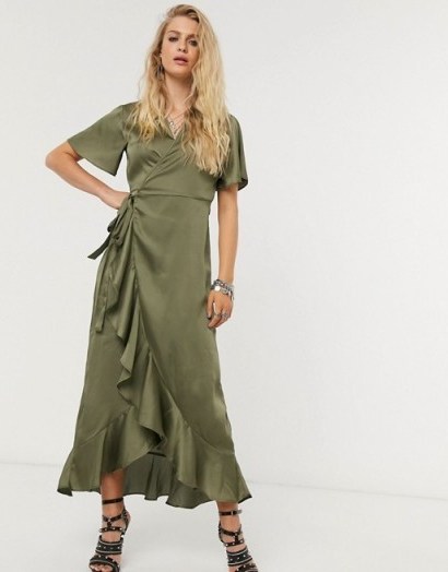 Object satin midaxi dress with ruffle trim in olive - flipped