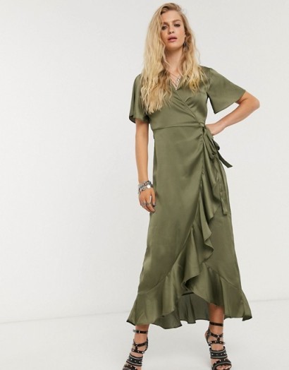 Object satin midaxi dress with ruffle trim in olive