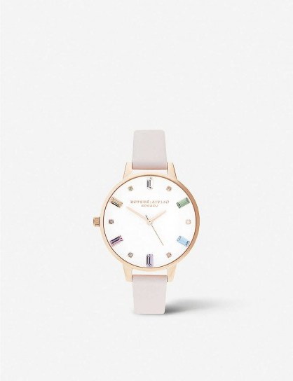 OLIVIA BURTON OB16RB12 Rainbow rose-gold toned stainless steel and leather watch – crystal embellished watches - flipped