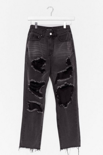 Nasty Gal Peek in Distressed Mom Jeans Washed Black | destroyed denim