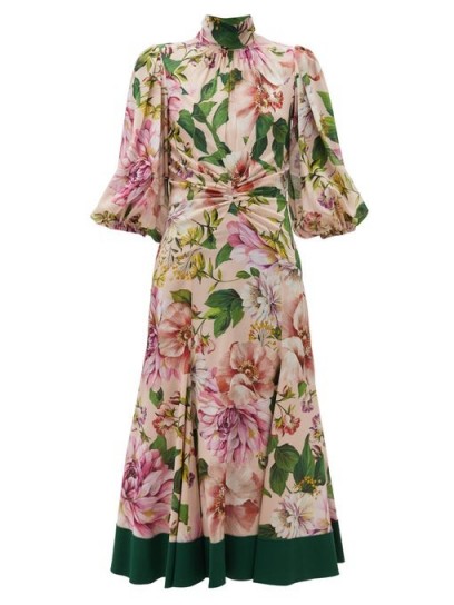 DOLCE & GABBANA Peony-print silk-blend georgette midi dress ~ high neck romantic look dresses ~ feminine Italian clothing