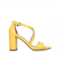 MISS KG PHOENIX Yellow Block Heel Sandals ~ front crossover sandal