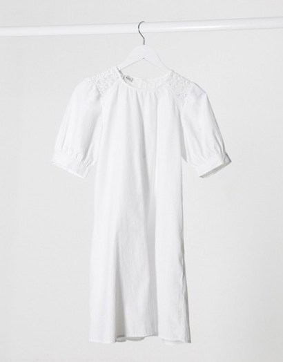 Pimkie poplin mini dress with embrodiered detail in white | puff sleeve dresses - flipped