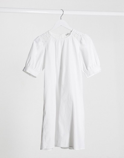 Pimkie poplin mini dress with embrodiered detail in white | puff sleeve dresses