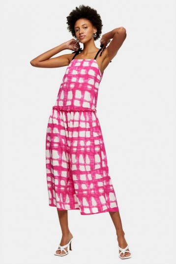 TOPSHOP Pink Check Tie Tiered Drop Waist Midi Dress / drop waist dresses