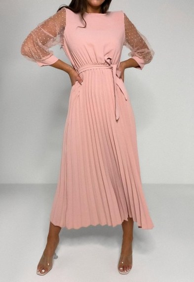MISSGUIDED pink dobby sleeve pleated skirt midi dress – sheer sleeve dresses - flipped