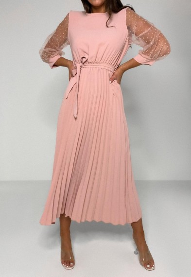 MISSGUIDED pink dobby sleeve pleated skirt midi dress – sheer sleeve dresses
