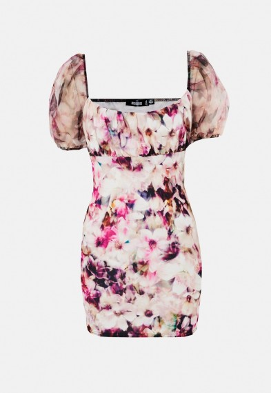 Missguided pink floral print organza sleeve ruched bust mini dress