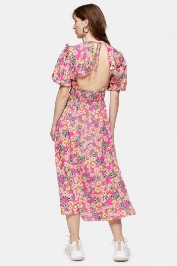 TOPSHOP TOPSHOP Pink Puff Sleeve Midi Dress / open back daisy print frock - flipped