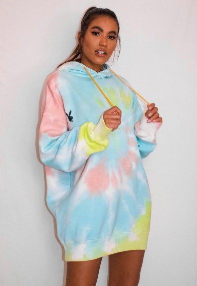 playboy x missguided pastel tie dye oversized hoodie dress / multicoloured hoodies / bunny logo dresses - flipped