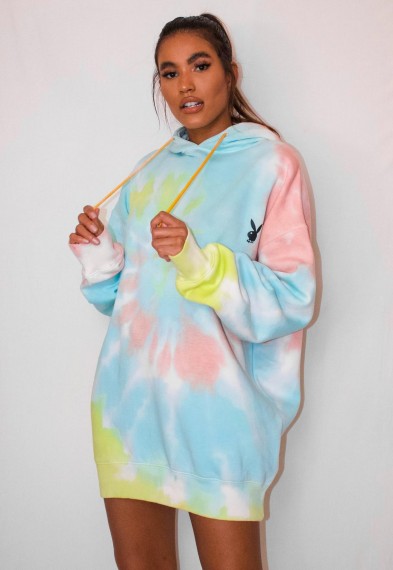 playboy x missguided pastel tie dye oversized hoodie dress / multicoloured hoodies / bunny logo dresses