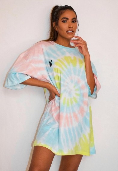 playboy x missguided pastel tie dye oversized t shirt dress / multicoloured dresses - flipped