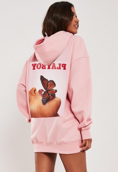 playboy x missguided pink butterfly graphic hoodie dress – longline printed hoodies - flipped