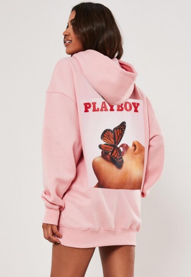playboy x missguided pink butterfly graphic hoodie dress – longline printed hoodies