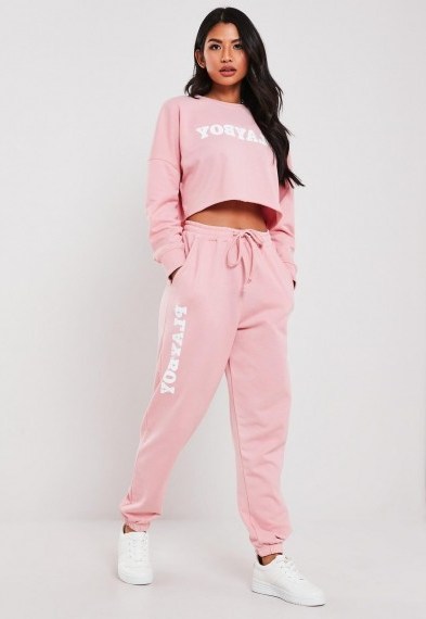 playboy x missguided tall pink loungewear joggers / logo jogging bottoms - flipped