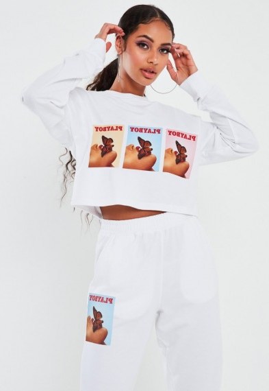 playboy x missguided white butterfly graphic cropped sweatshirt – printed sweat top - flipped