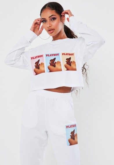 playboy x missguided white butterfly graphic cropped sweatshirt – printed sweat top