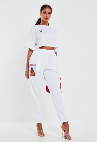 playboy x missguided white butterfly graphic joggers – printed jogging pants - flipped