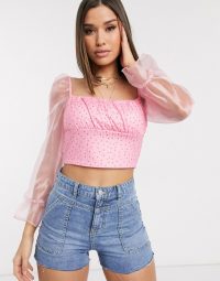 PrettyLittleThing crop top with organza sleeve in pink polka dot / sheer sleeved tops