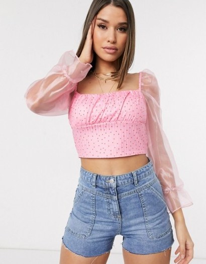PrettyLittleThing crop top with organza sleeve in pink polka dot / sheer sleeved tops - flipped