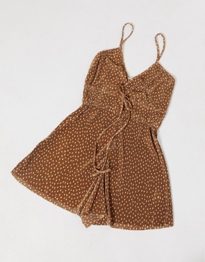 Pull&Bear playsuit in brown polka dot – strappy spot print playsuits - flipped