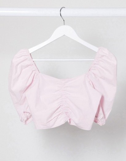 Pull&Bear ruched front top with volume sleeves in pink – cropped peasant blouse - flipped