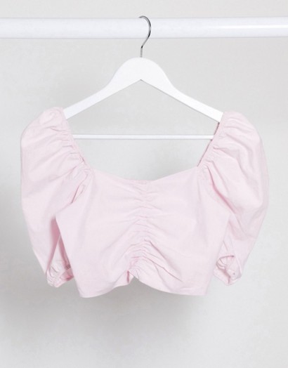Pull&Bear ruched front top with volume sleeves in pink – cropped peasant blouse